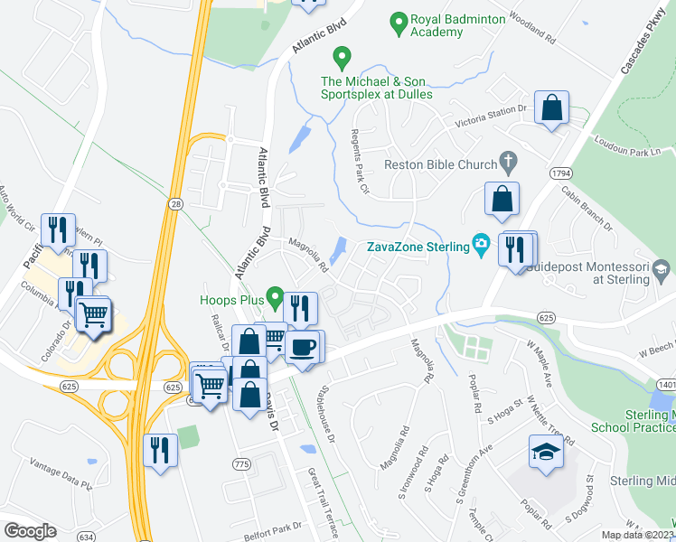 map of restaurants, bars, coffee shops, grocery stores, and more near 45524 Grand Central Square in Sterling