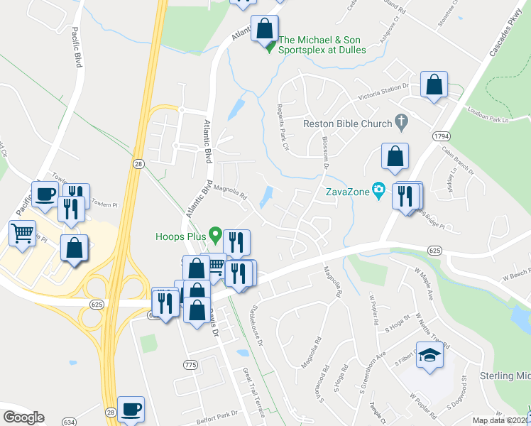 map of restaurants, bars, coffee shops, grocery stores, and more near 45524 Grand Central Square in Sterling