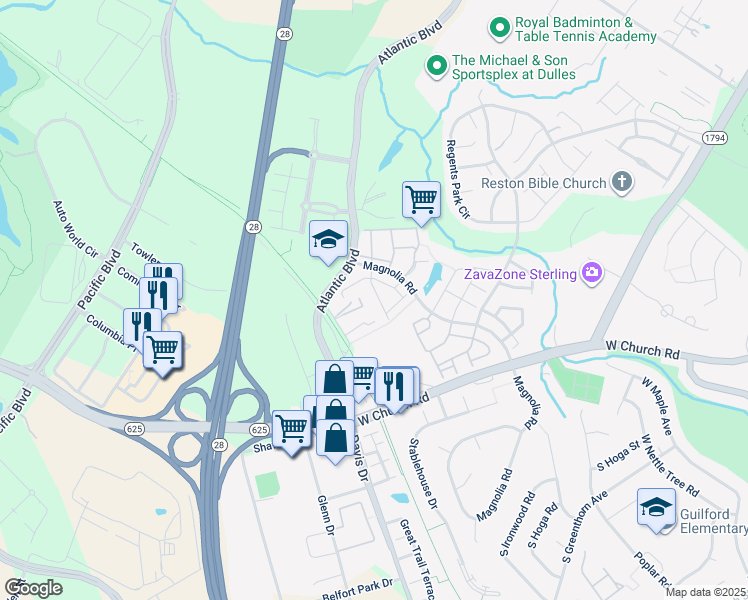 map of restaurants, bars, coffee shops, grocery stores, and more near 21937 Thompson Square in Sterling