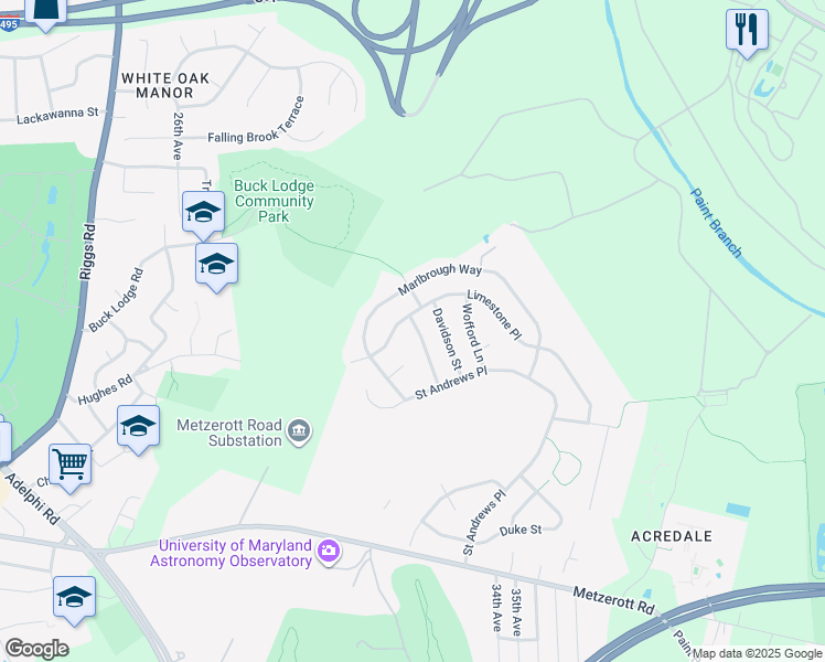 map of restaurants, bars, coffee shops, grocery stores, and more near 9216 Dewberry Lane in College Park