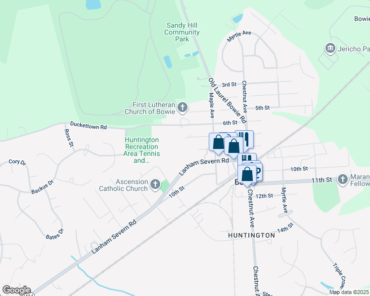 map of restaurants, bars, coffee shops, grocery stores, and more near 12800 8th Street in Bowie