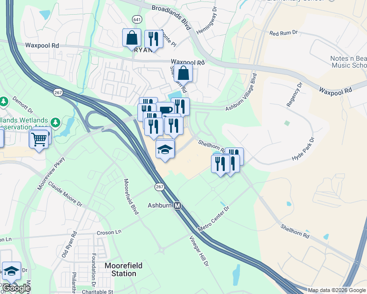 map of restaurants, bars, coffee shops, grocery stores, and more near 43670 Greenway Corporate Drive in Ashburn