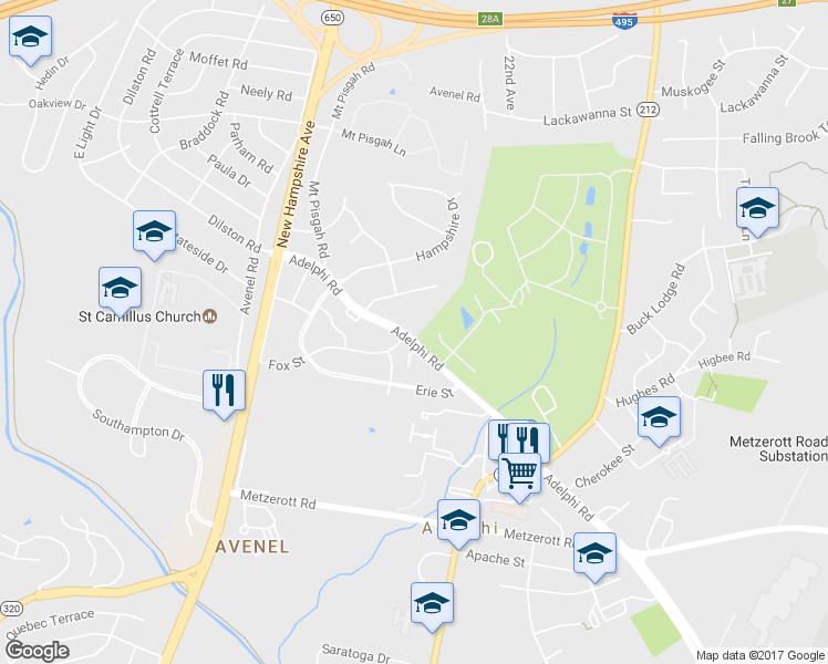 map of restaurants, bars, coffee shops, grocery stores, and more near 9225 Adelphi Road in Hyattsville