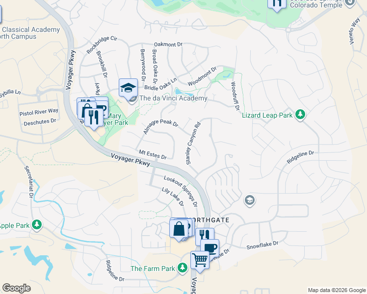 map of restaurants, bars, coffee shops, grocery stores, and more near 12232 Stanley Canyon Road in Colorado Springs