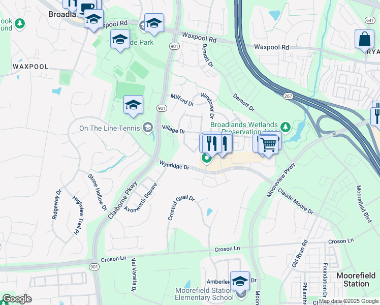 map of restaurants, bars, coffee shops, grocery stores, and more near 21961 Windy Oaks Square in Broadlands
