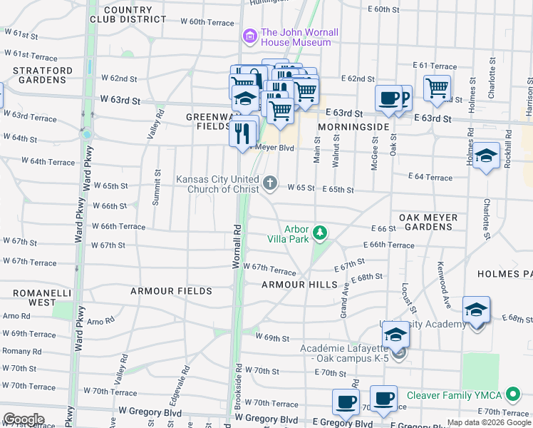 map of restaurants, bars, coffee shops, grocery stores, and more near 210 W 66th St in Kansas City
