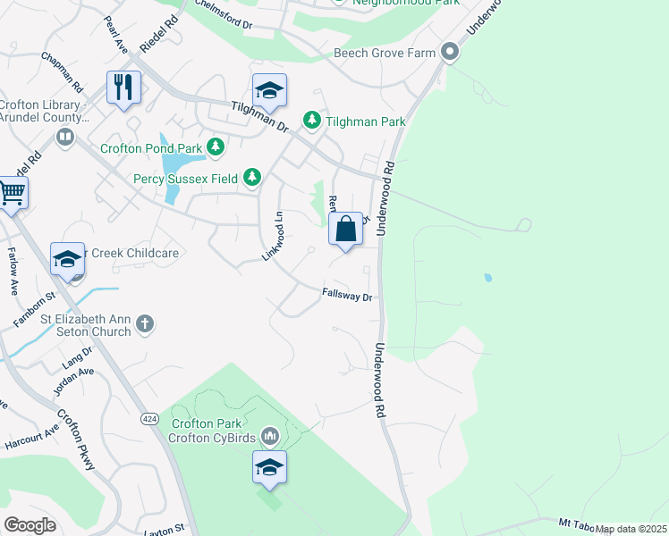 map of restaurants, bars, coffee shops, grocery stores, and more near 2559 Log Mill Court in Crofton