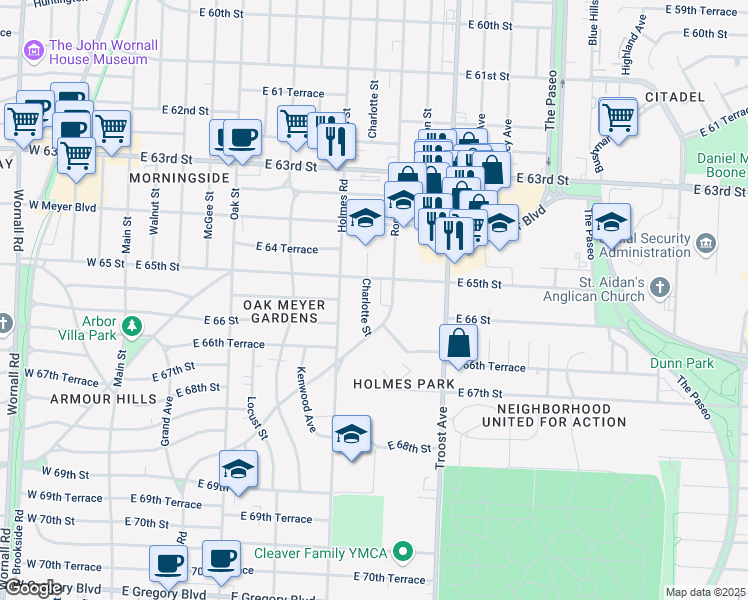 map of restaurants, bars, coffee shops, grocery stores, and more near 6523 Charlotte Street in Kansas City