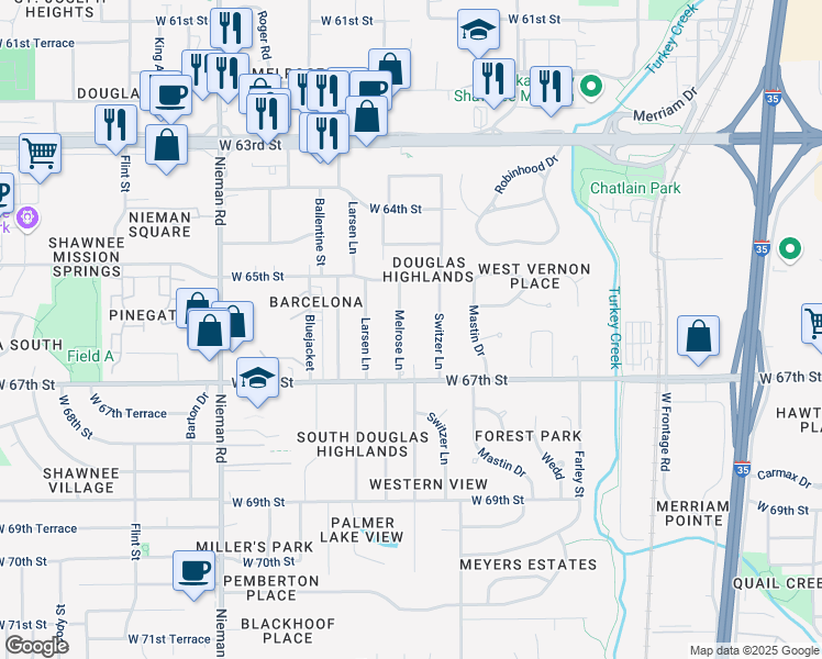 map of restaurants, bars, coffee shops, grocery stores, and more near 6541 Melrose Lane in Shawnee