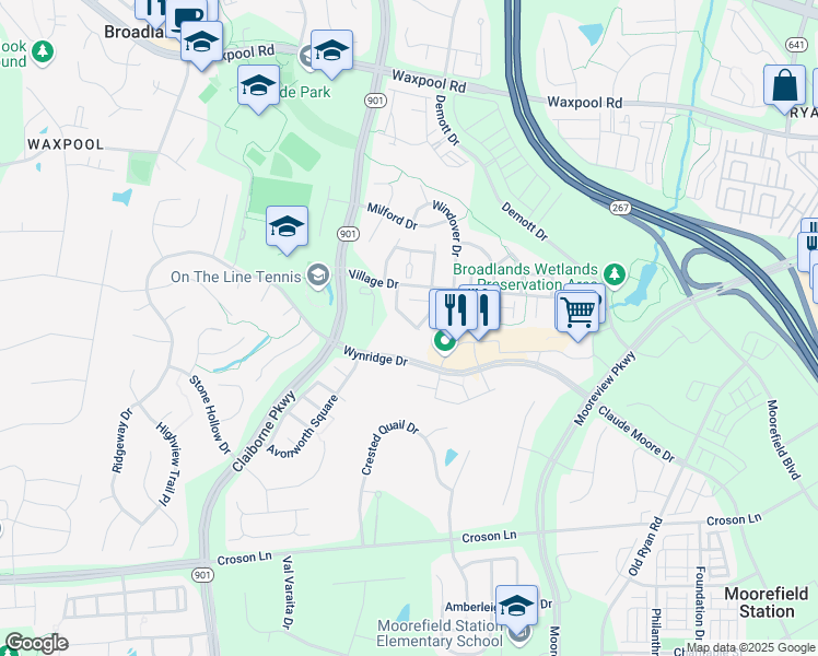 map of restaurants, bars, coffee shops, grocery stores, and more near 21961 Windy Oaks Square in Broadlands