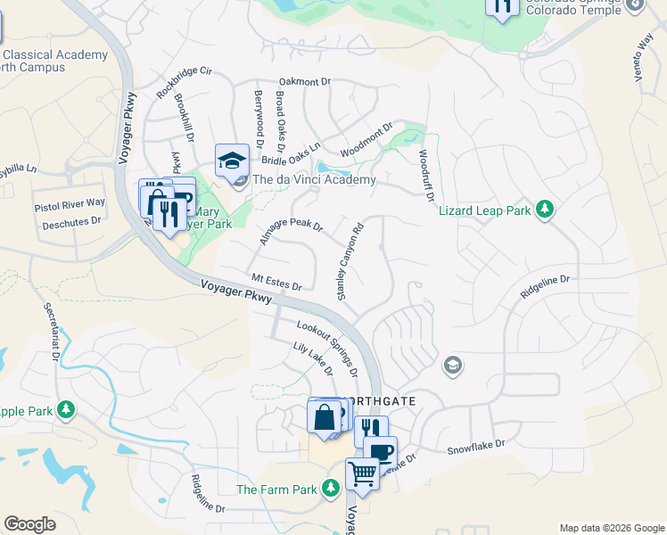 map of restaurants, bars, coffee shops, grocery stores, and more near 12232 Stanley Canyon Road in Colorado Springs