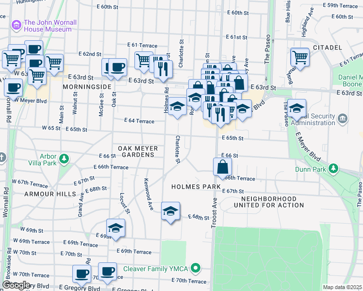 map of restaurants, bars, coffee shops, grocery stores, and more near 6523 Charlotte Street in Kansas City
