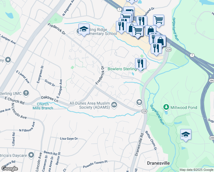 map of restaurants, bars, coffee shops, grocery stores, and more near 46821 Ironstone Terrace in Sterling