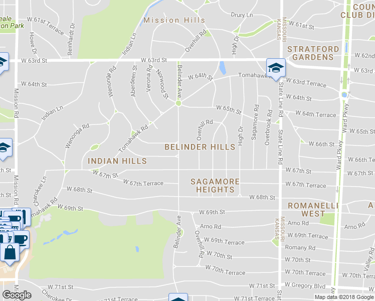 map of restaurants, bars, coffee shops, grocery stores, and more near 6615 Belinder Avenue in Mission Hills