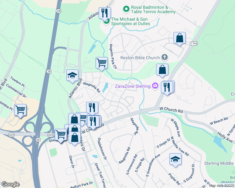 map of restaurants, bars, coffee shops, grocery stores, and more near 45566 Reading Terrace in Sterling