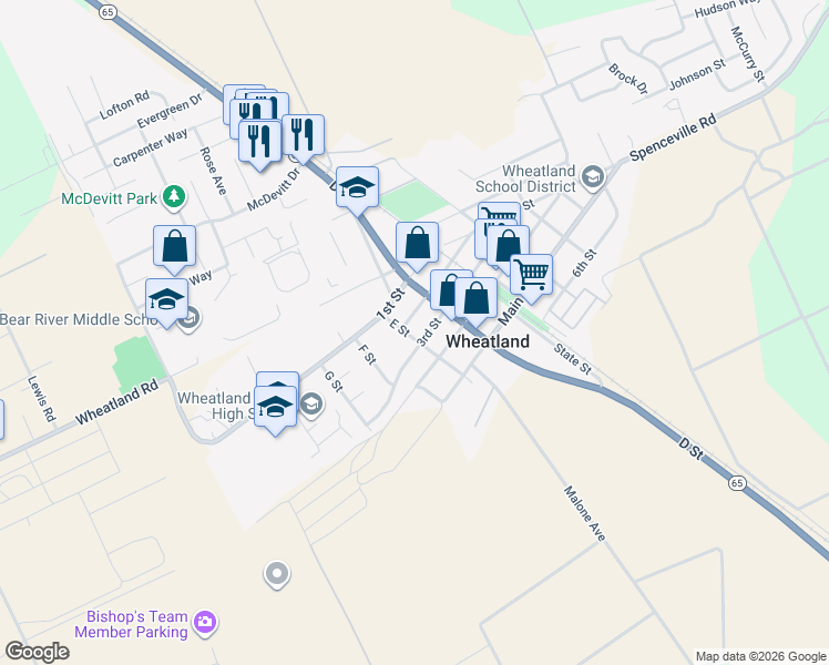 map of restaurants, bars, coffee shops, grocery stores, and more near 615 3rd Street in Wheatland