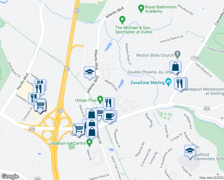 map of restaurants, bars, coffee shops, grocery stores, and more near 45515 Baggett Terrace in Sterling