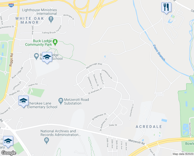 map of restaurants, bars, coffee shops, grocery stores, and more near 9217 Davidson Street in College Park