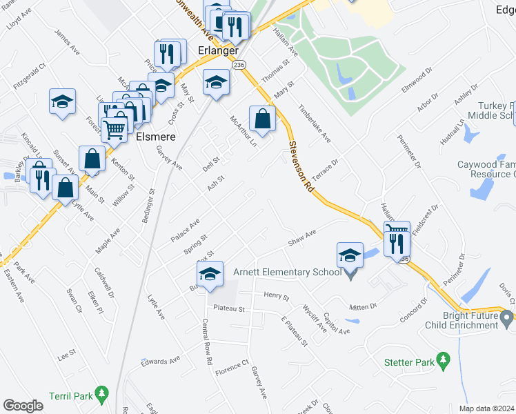 map of restaurants, bars, coffee shops, grocery stores, and more near 284 Fox Street in Elsmere