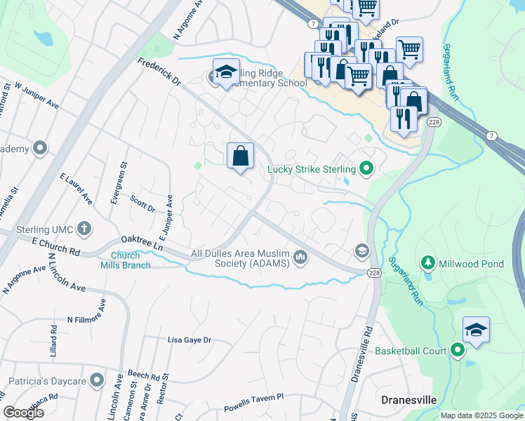 map of restaurants, bars, coffee shops, grocery stores, and more near 21921 Myrtlewood Square in Sterling