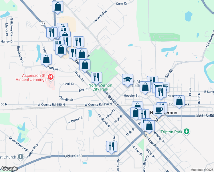 map of restaurants, bars, coffee shops, grocery stores, and more near 11 Franklin Street in North Vernon