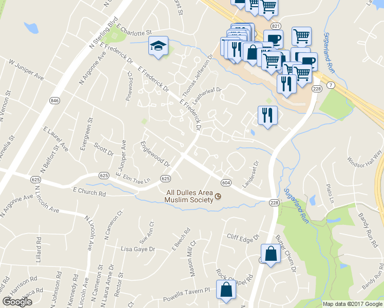 map of restaurants, bars, coffee shops, grocery stores, and more near 21921 Myrtlewood Square in Sterling