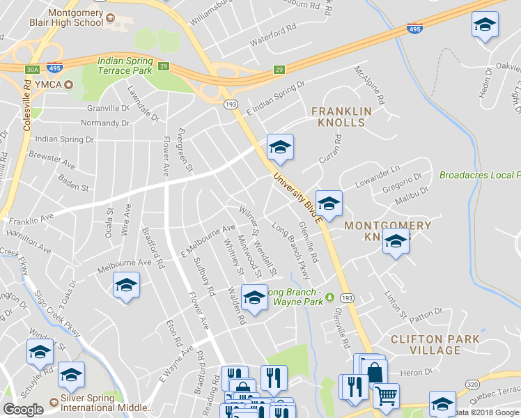 map of restaurants, bars, coffee shops, grocery stores, and more near 9901 Moss Ave in Silver Spring