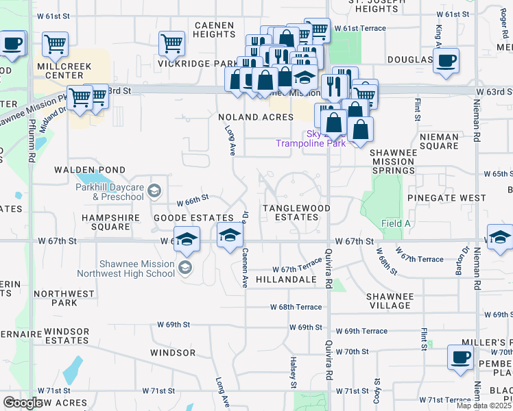 map of restaurants, bars, coffee shops, grocery stores, and more near 12131 West 66th Street in Shawnee