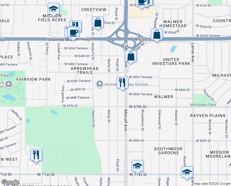 map of restaurants, bars, coffee shops, grocery stores, and more near 6615 Marty Street in Mission