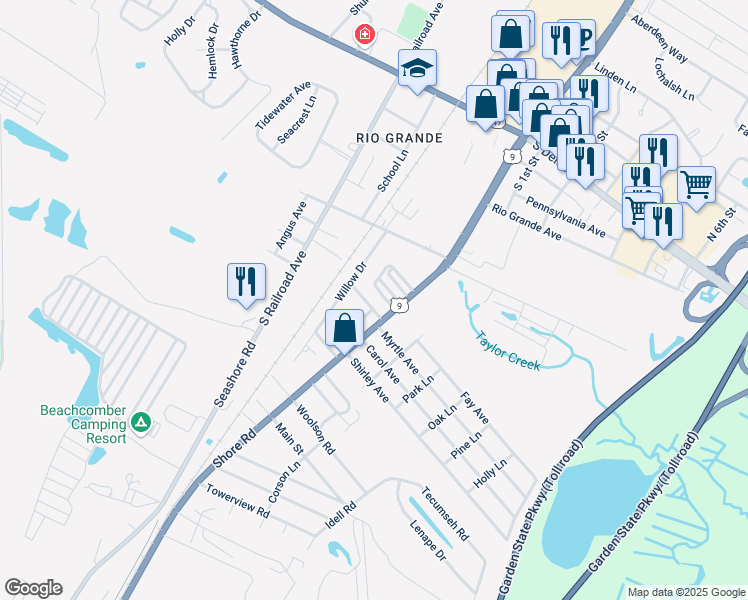 map of restaurants, bars, coffee shops, grocery stores, and more near 805 Walnut Street in Cape May