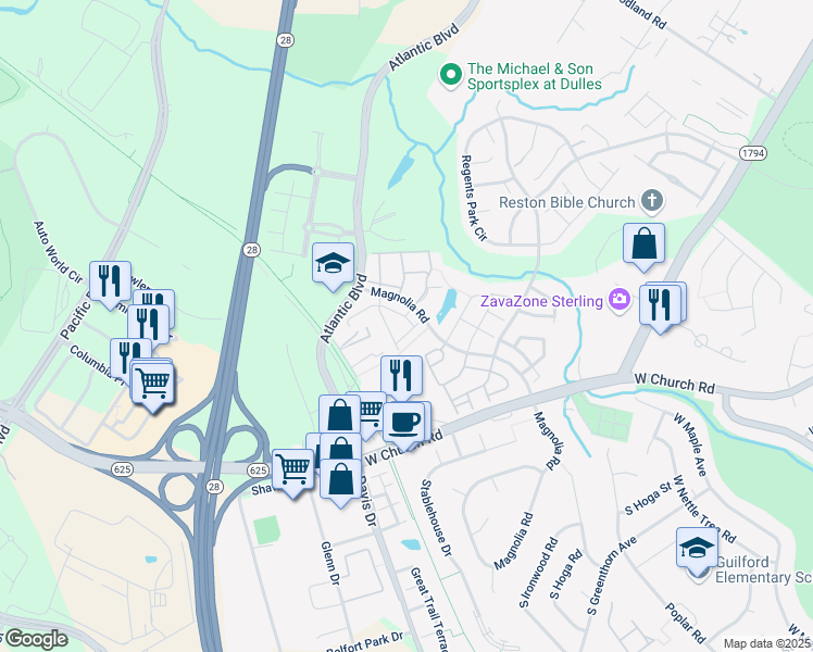 map of restaurants, bars, coffee shops, grocery stores, and more near 45499 Baggett Terrace in Sterling