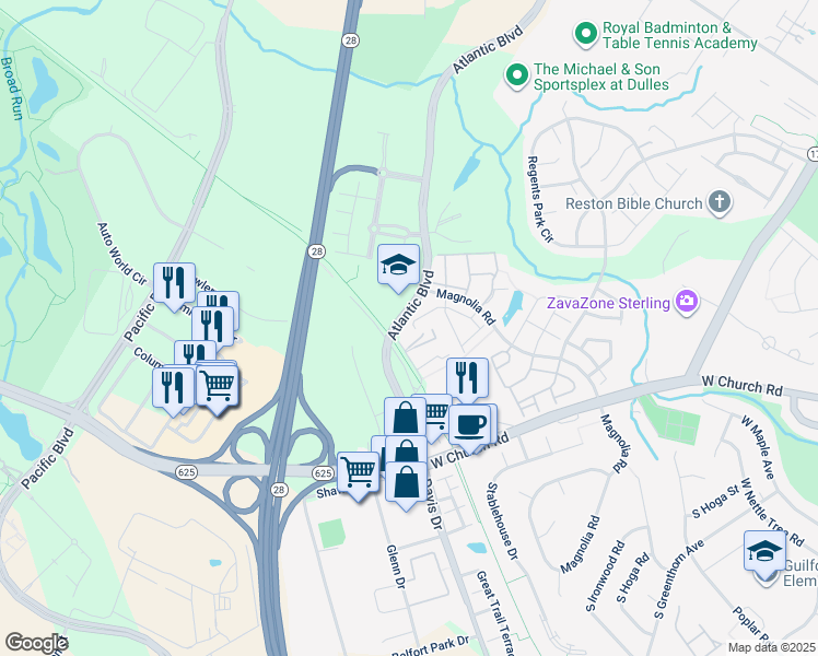 map of restaurants, bars, coffee shops, grocery stores, and more near 45414 Baggett Terrace in Sterling