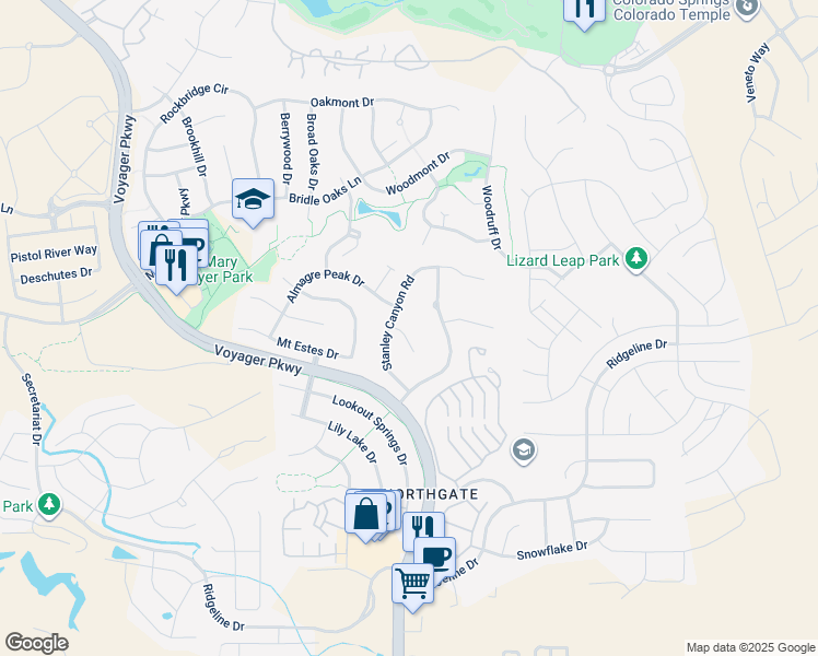 map of restaurants, bars, coffee shops, grocery stores, and more near 12255 Jones Park Court in Colorado Springs