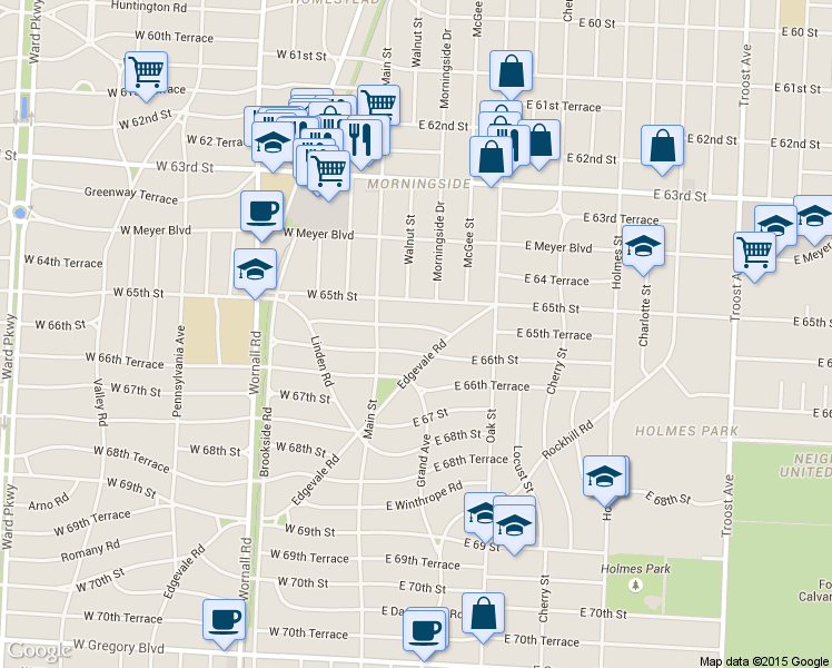 map of restaurants, bars, coffee shops, grocery stores, and more near 107 East 65th Terrace in Kansas City