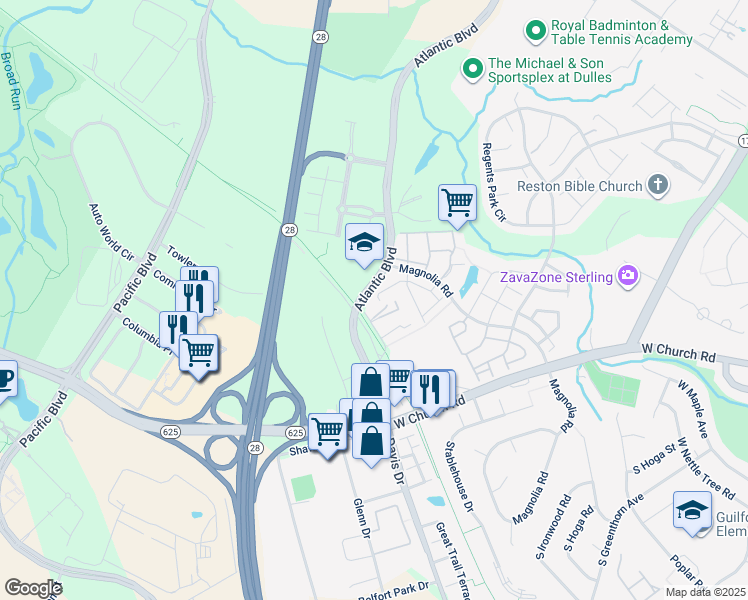 map of restaurants, bars, coffee shops, grocery stores, and more near 45414 Baggett Terrace in Sterling