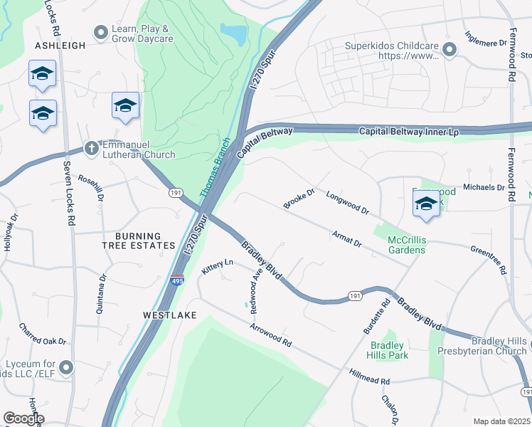 map of restaurants, bars, coffee shops, grocery stores, and more near 7204 Armat Drive in Bethesda