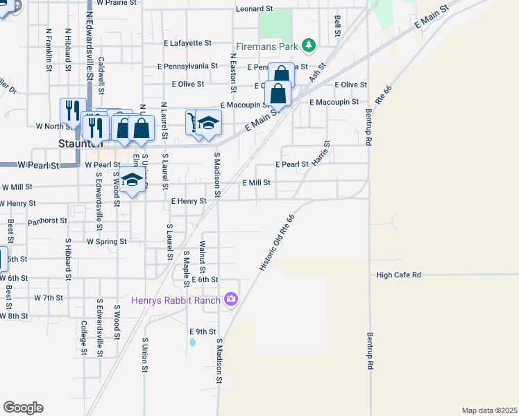 map of restaurants, bars, coffee shops, grocery stores, and more near 716 East Henry Street in Staunton