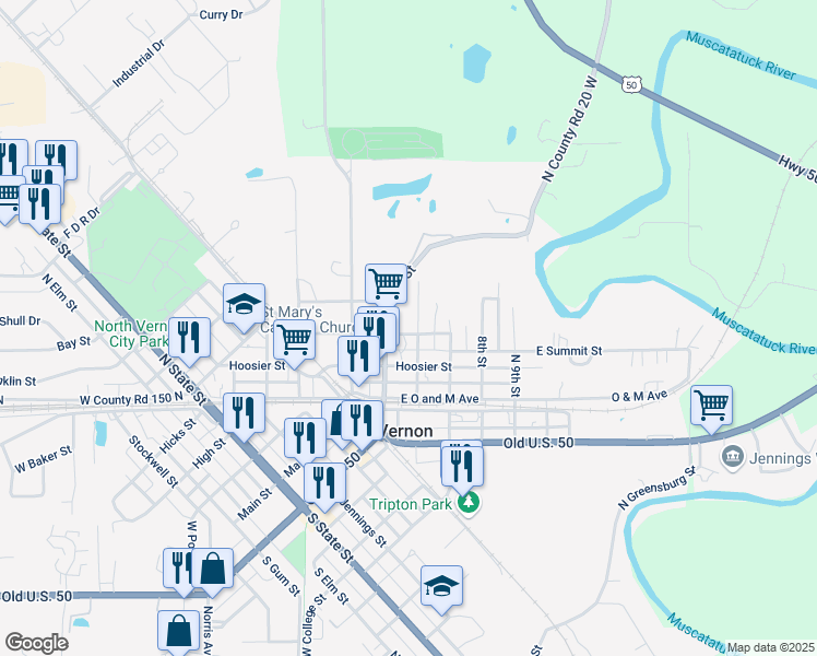 map of restaurants, bars, coffee shops, grocery stores, and more near 321 6th Street in North Vernon