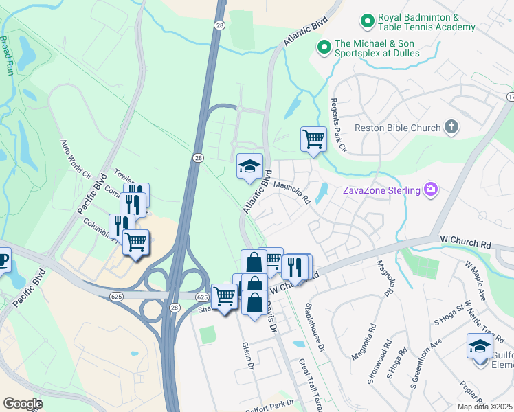 map of restaurants, bars, coffee shops, grocery stores, and more near 45414 Baggett Terrace in Sterling