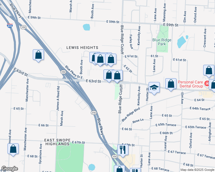map of restaurants, bars, coffee shops, grocery stores, and more near 8709 East 63rd Street in Kansas City