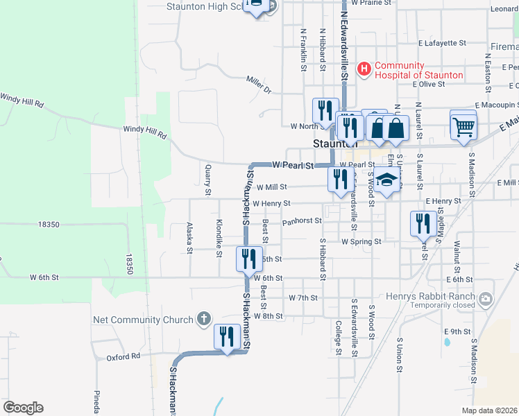 map of restaurants, bars, coffee shops, grocery stores, and more near 906 West Henry Street in Staunton