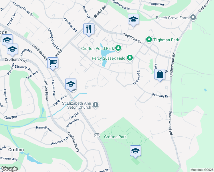 map of restaurants, bars, coffee shops, grocery stores, and more near 1822 Foxdale Court in Crofton