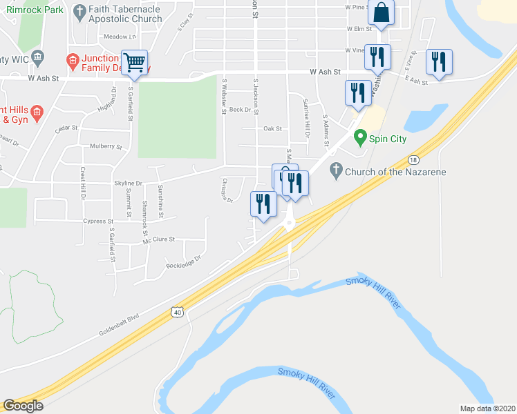 map of restaurants, bars, coffee shops, grocery stores, and more near 1147 South Jackson Street in Junction City