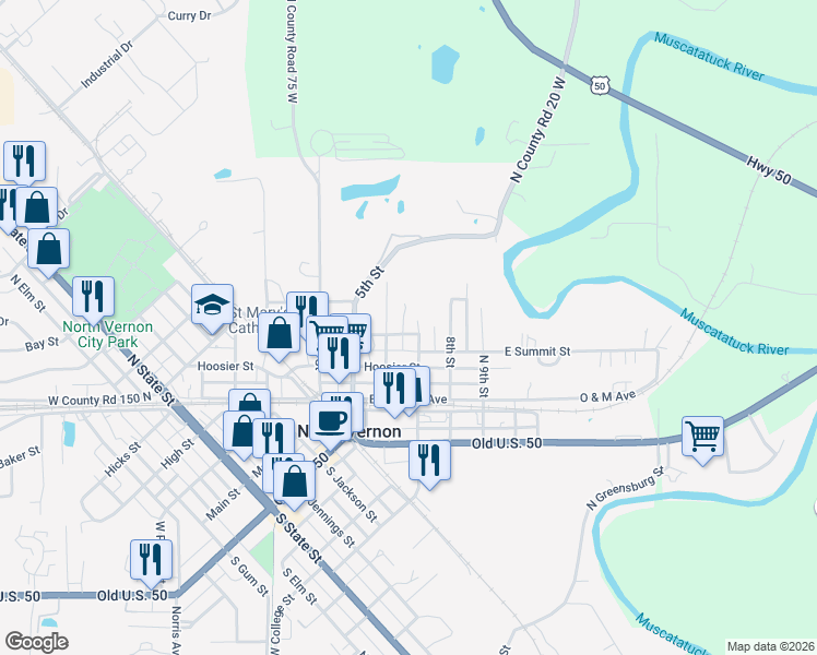 map of restaurants, bars, coffee shops, grocery stores, and more near 620 Summit Street in North Vernon