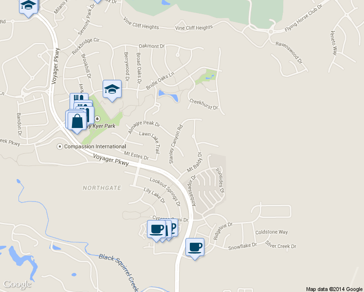 map of restaurants, bars, coffee shops, grocery stores, and more near 12255 Jones Park Court in Colorado Springs