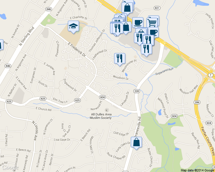 map of restaurants, bars, coffee shops, grocery stores, and more near 21920 Greentree Terrace in Sterling