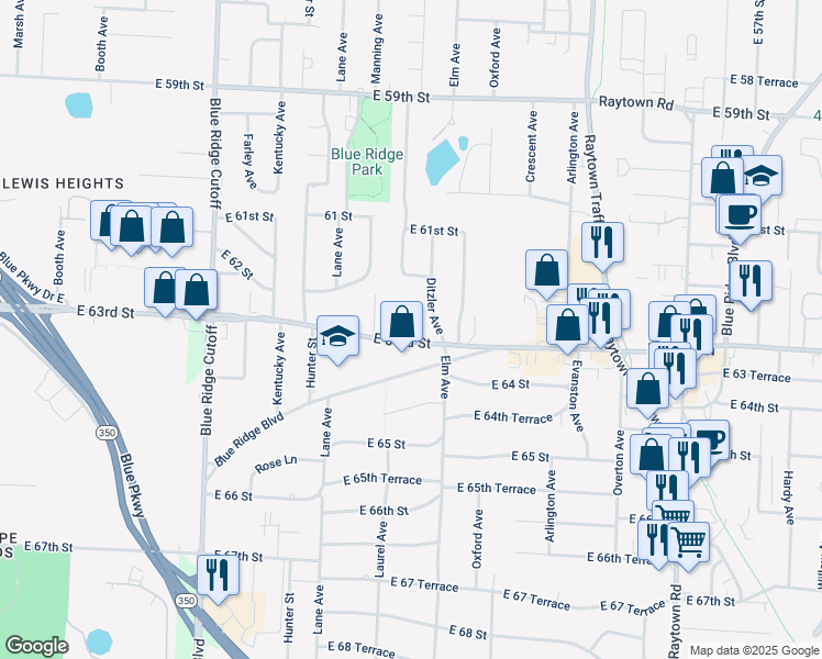 map of restaurants, bars, coffee shops, grocery stores, and more near 9201 East 63rd Street in Raytown