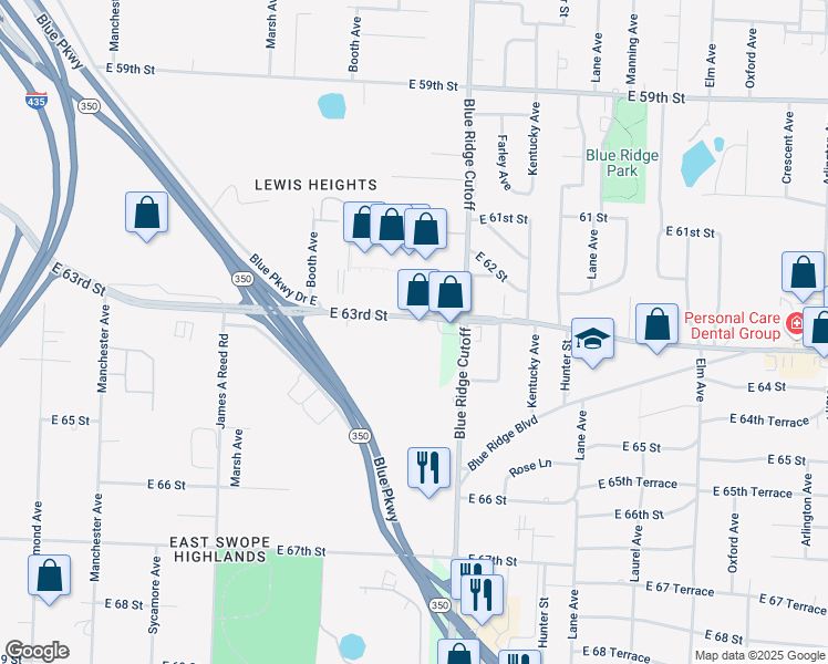 map of restaurants, bars, coffee shops, grocery stores, and more near 8709 East 63rd Street in Kansas City