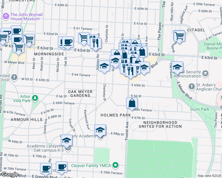map of restaurants, bars, coffee shops, grocery stores, and more near 6523 Charlotte Street in Kansas City