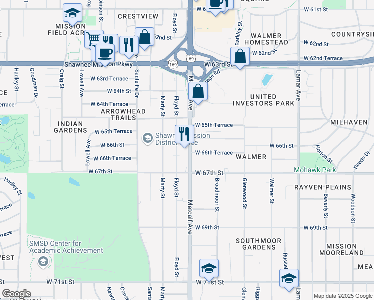 map of restaurants, bars, coffee shops, grocery stores, and more near 6612 Metcalf Avenue in Mission